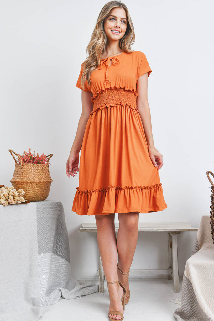 Solid Elastic Waist Ruffled Hem Dress