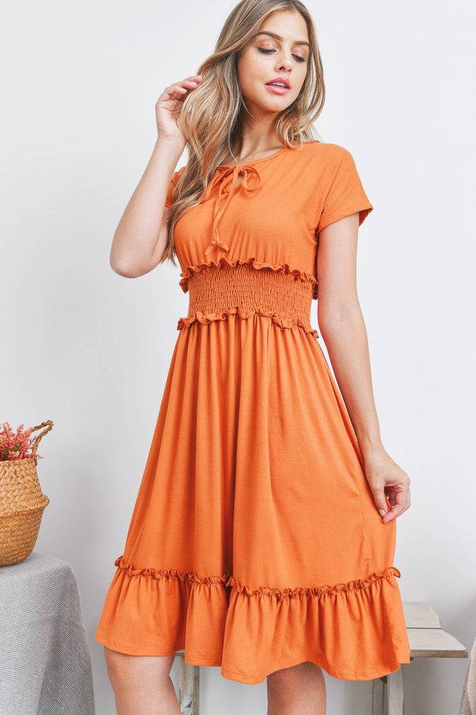 Solid Elastic Waist Ruffled Hem Dress
