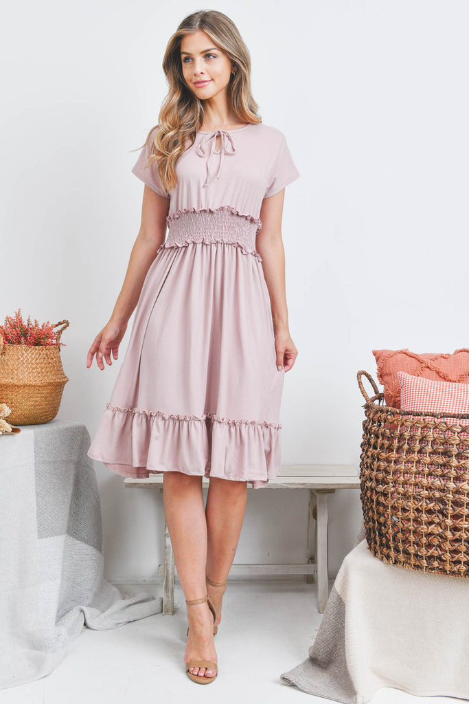 Solid Elastic Waist Ruffled Hem Dress