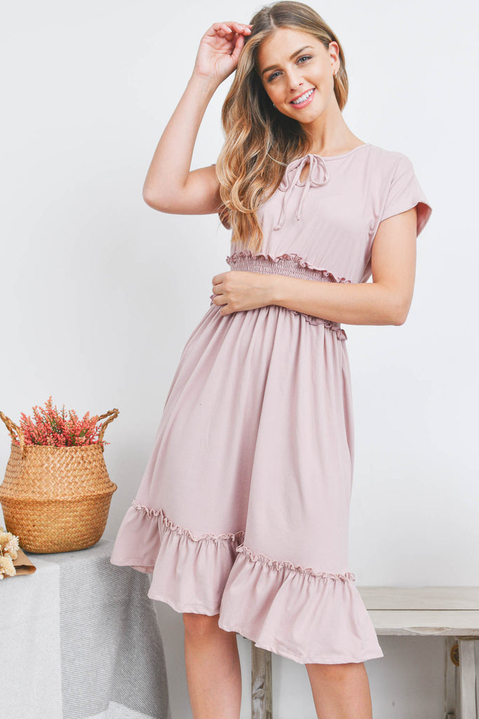 Solid Elastic Waist Ruffled Hem Dress