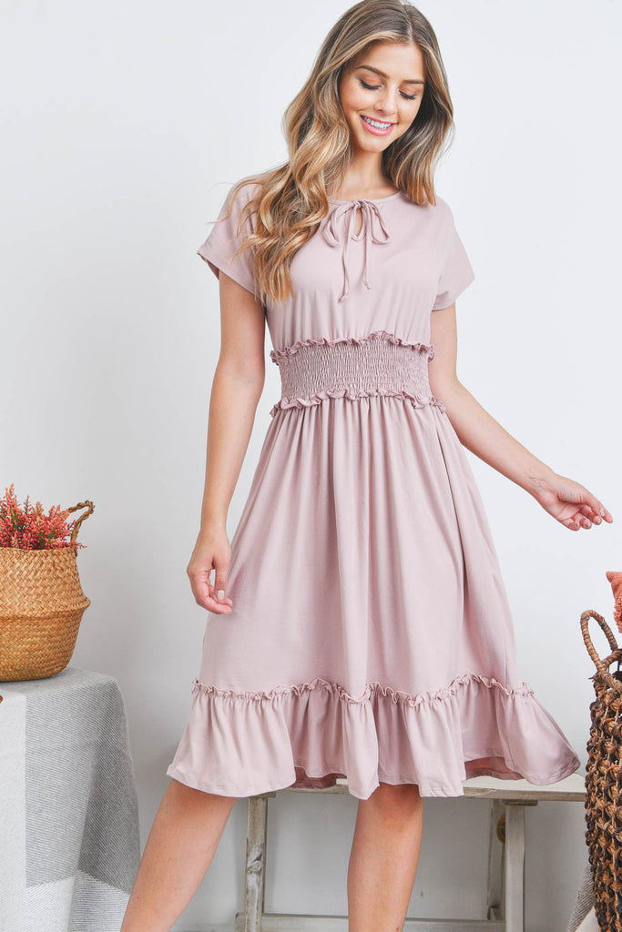 Solid Elastic Waist Ruffled Hem Dress