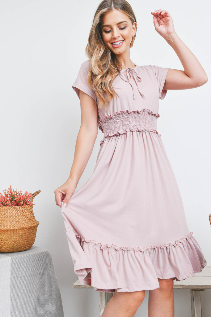 Solid Elastic Waist Ruffled Hem Dress