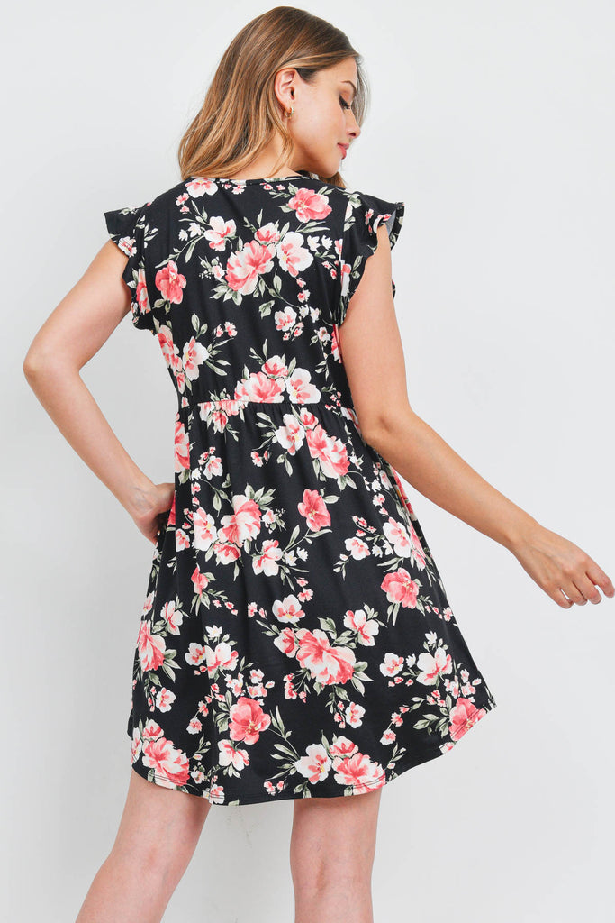 V-Neck Ruffle Cap Sleeve Floral Round Hem Dress