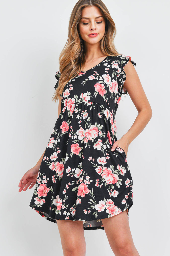 V-Neck Ruffle Cap Sleeve Floral Round Hem Dress
