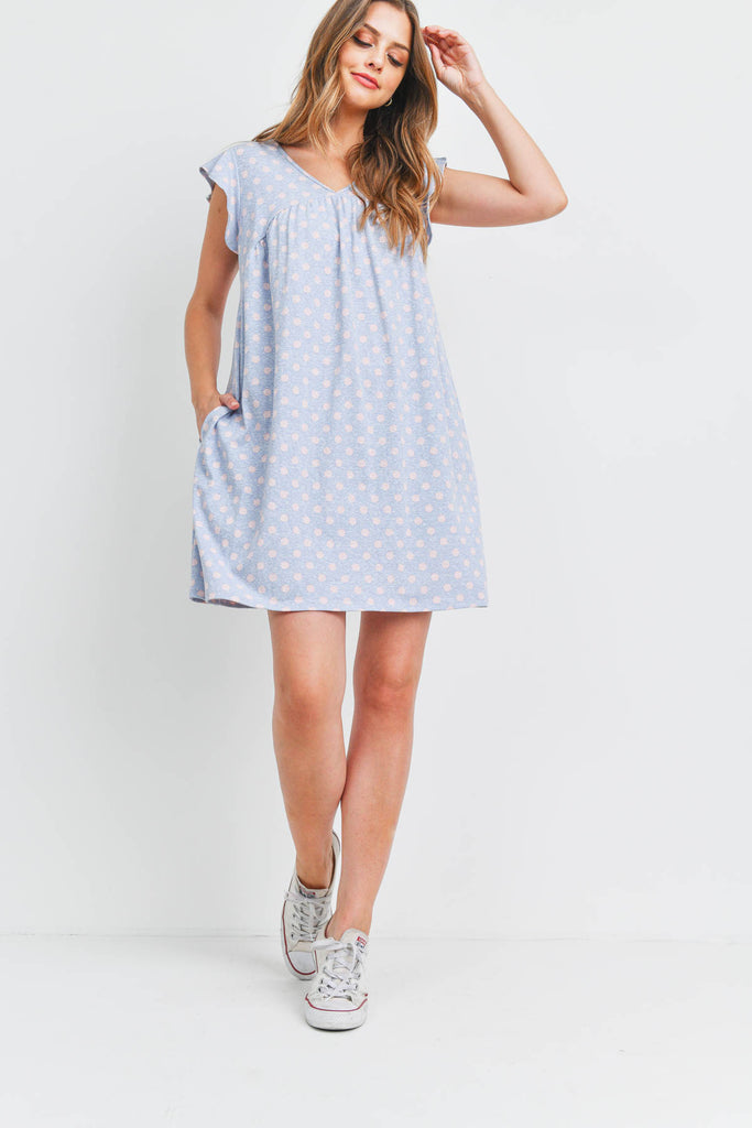 V-Neck Cap Sleeve Polka Dot Pocket Dress