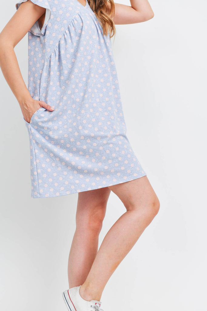 V-Neck Cap Sleeve Polka Dot Pocket Dress