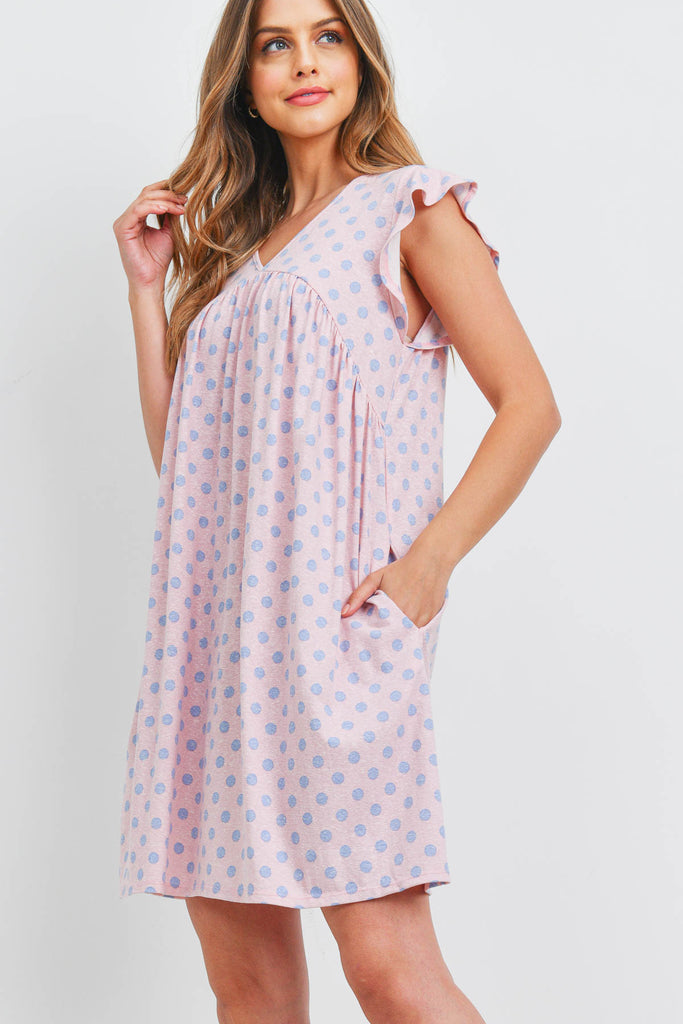 V-Neck Cap Sleeve Polka Dot Pocket Dress