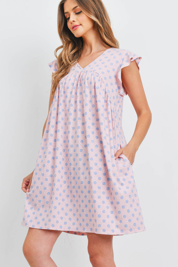 V-Neck Cap Sleeve Polka Dot Pocket Dress