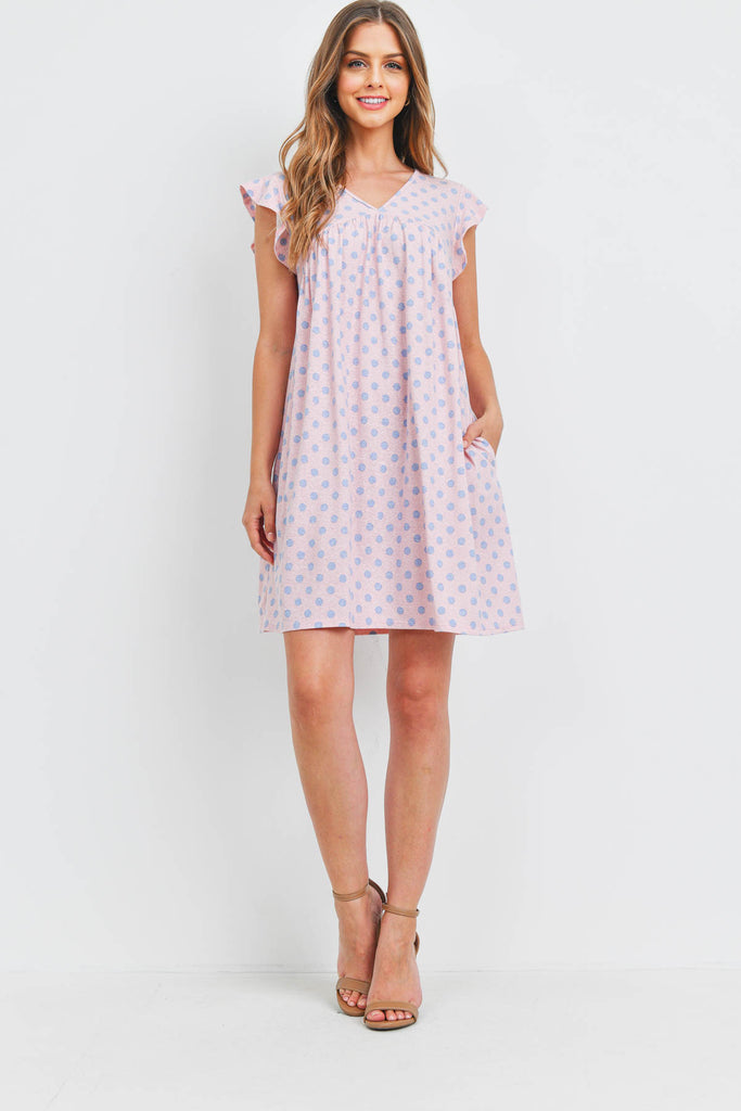 V-Neck Cap Sleeve Polka Dot Pocket Dress