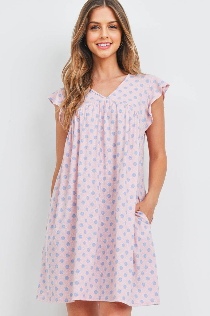 V-Neck Cap Sleeve Polka Dot Pocket Dress