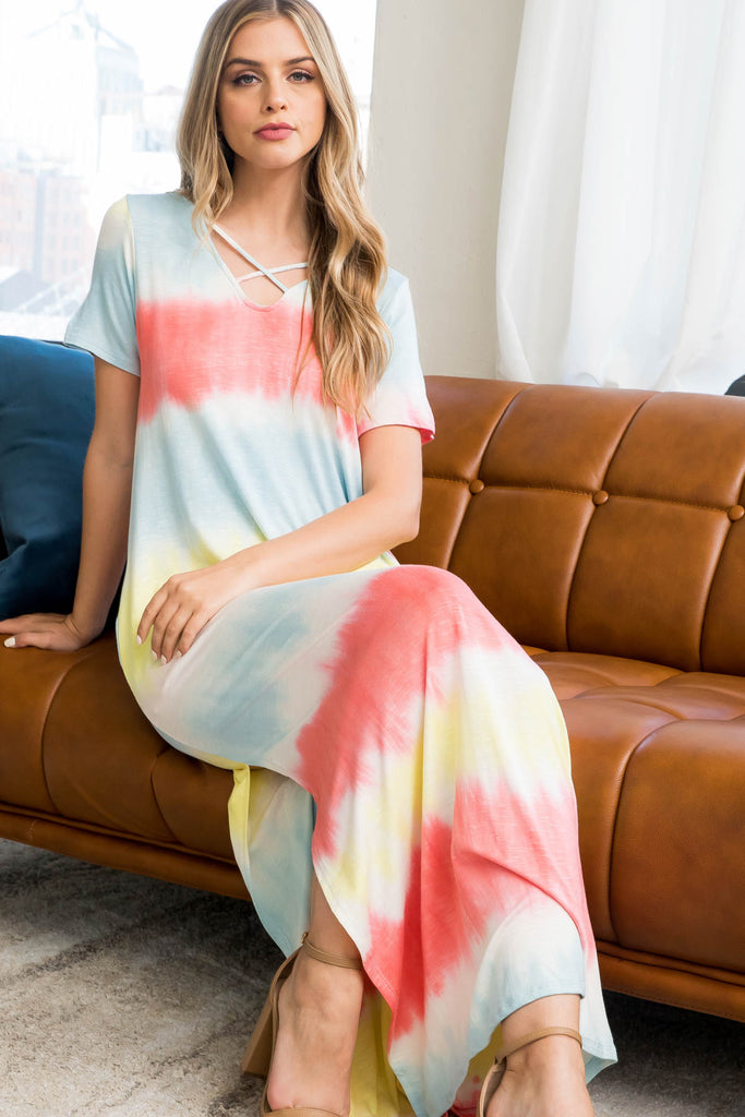 Tie Dye Criss Cross Neck Maxi Pocket Dress