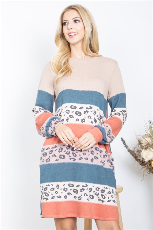 Rib Color Block Animal Contrast Puff Sleeve Dress