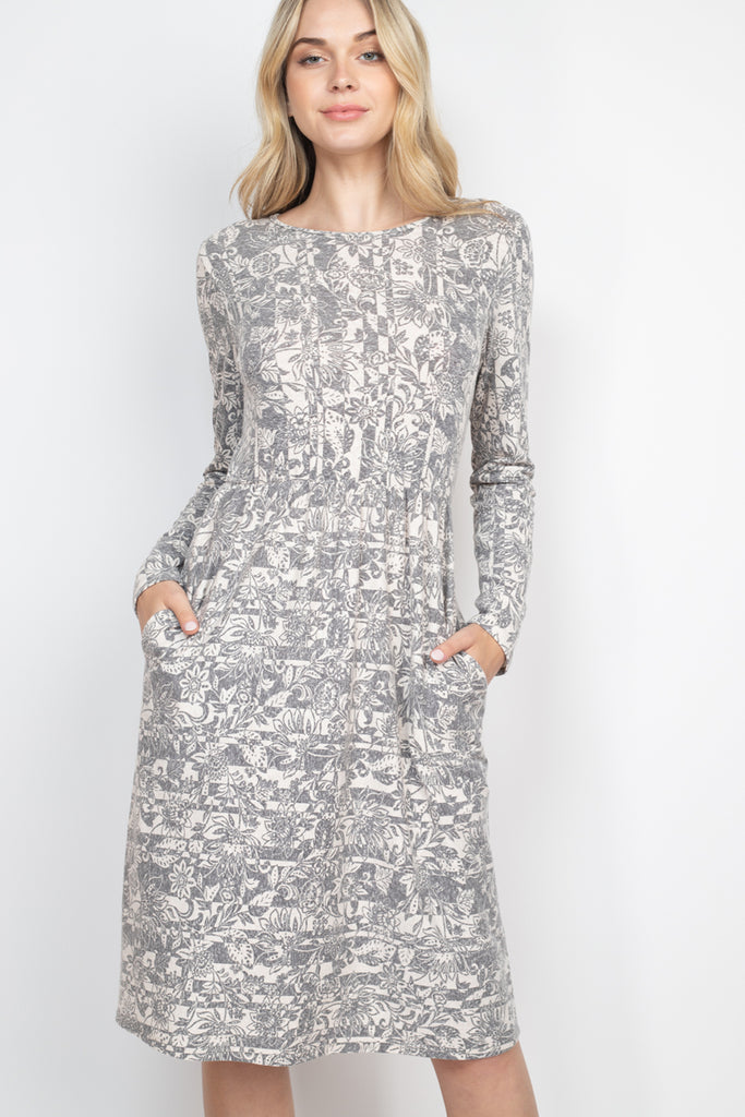 Long Sleeve Floral Print Dress with Inseam Pocket