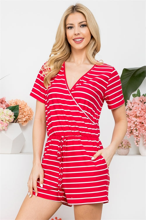Surplice Neckline Short Sleeve Stripe Romper
