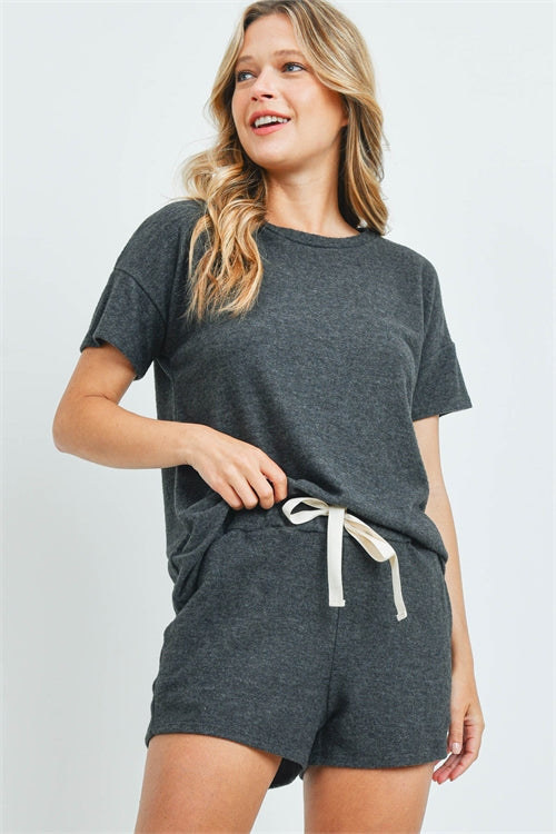 Solid Top and Shorts Set With Self Tie