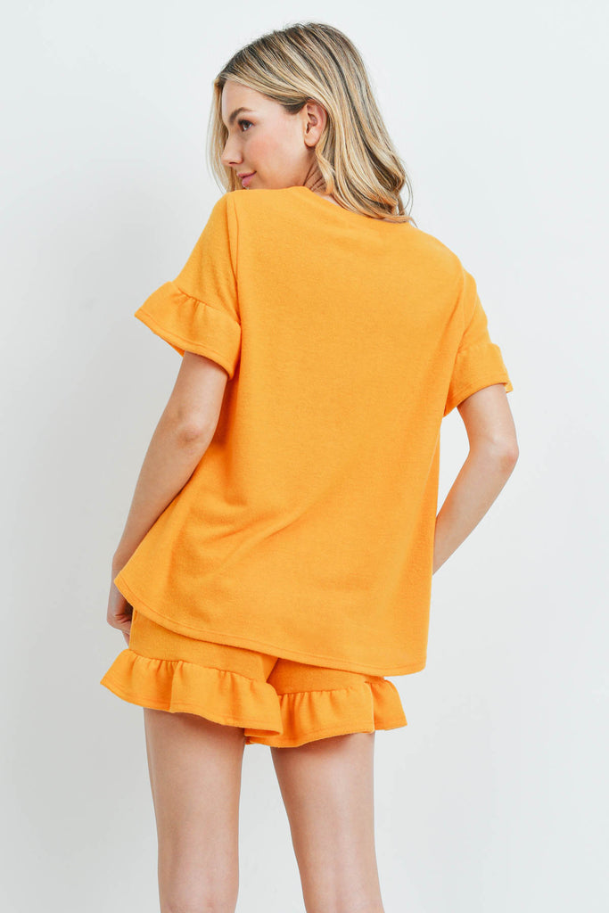 Solid Ruffle Top and Shorts Set With Self Tie