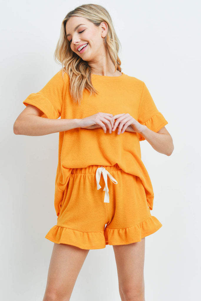 Solid Ruffle Top and Shorts Set With Self Tie