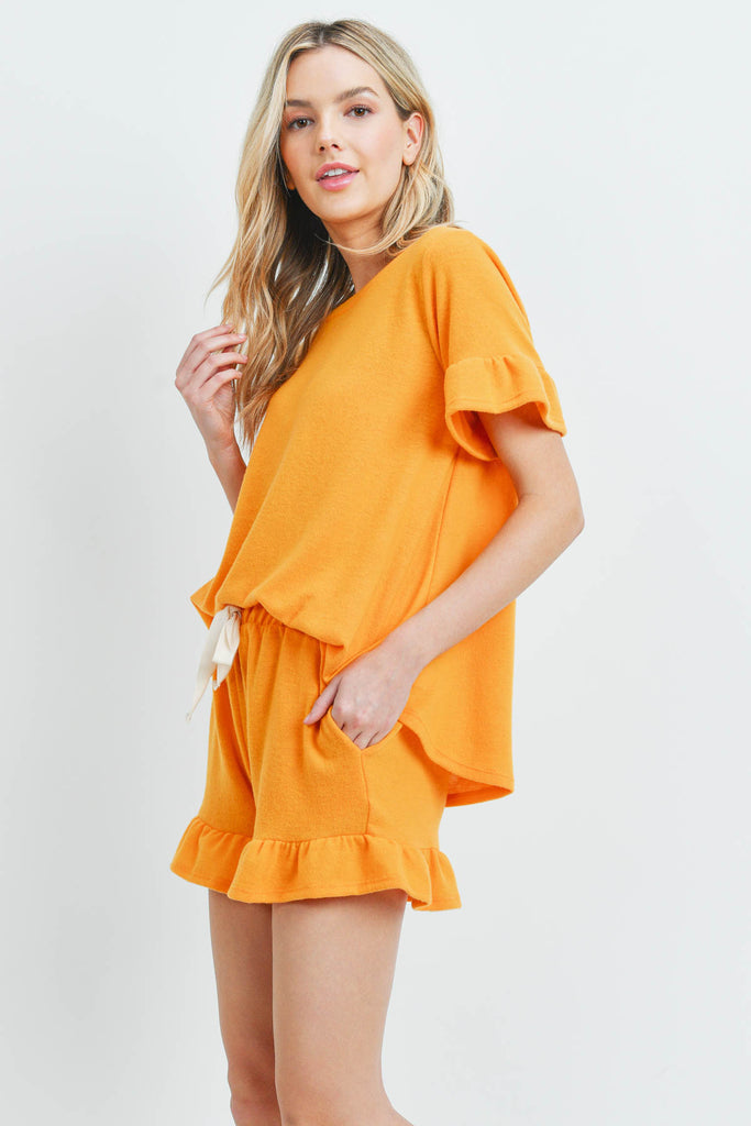 Solid Ruffle Top and Shorts Set With Self Tie