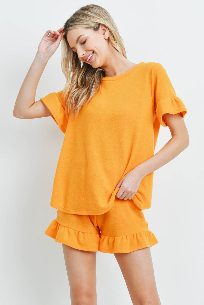 Solid Ruffle Top and Shorts Set With Self Tie