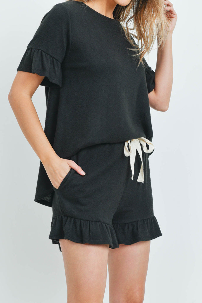 Solid Ruffle Top and Shorts Set With Self Tie
