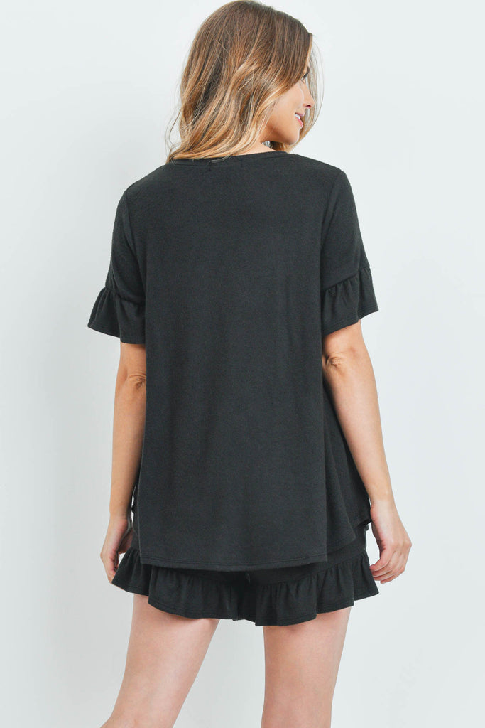 Solid Ruffle Top and Shorts Set With Self Tie