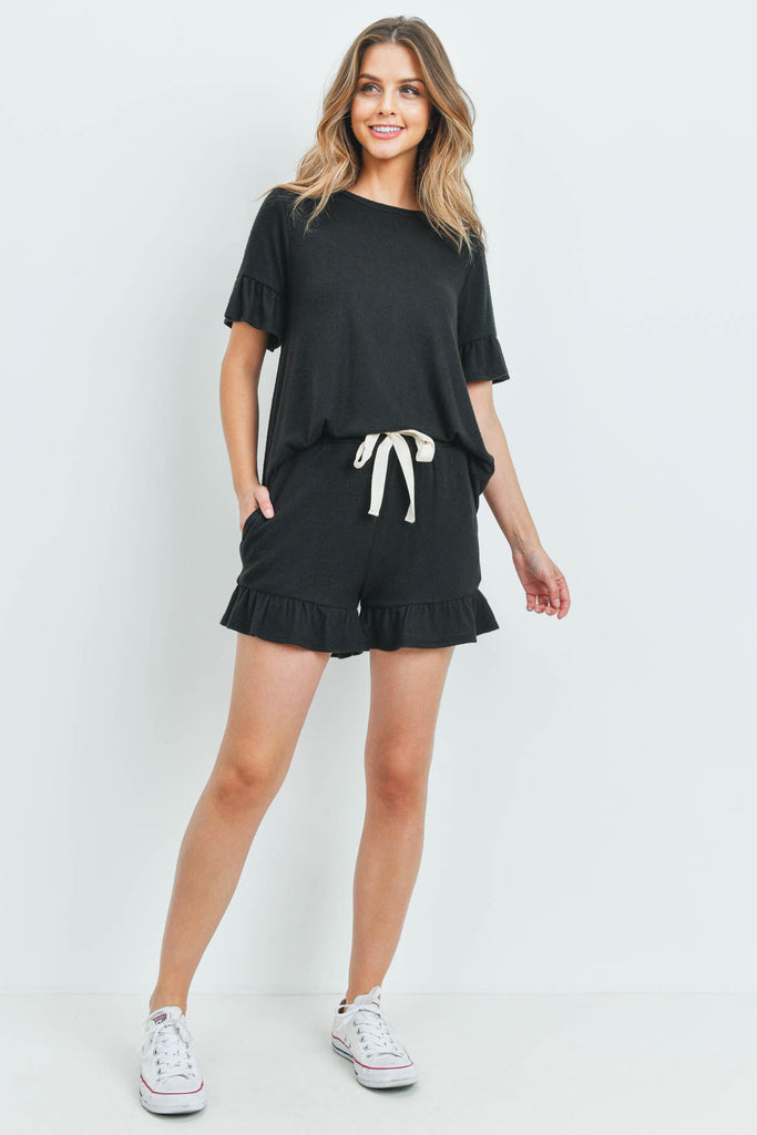 Solid Ruffle Top and Shorts Set With Self Tie