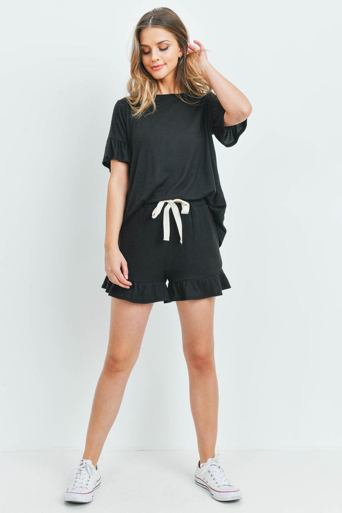Solid Ruffle Top and Shorts Set With Self Tie