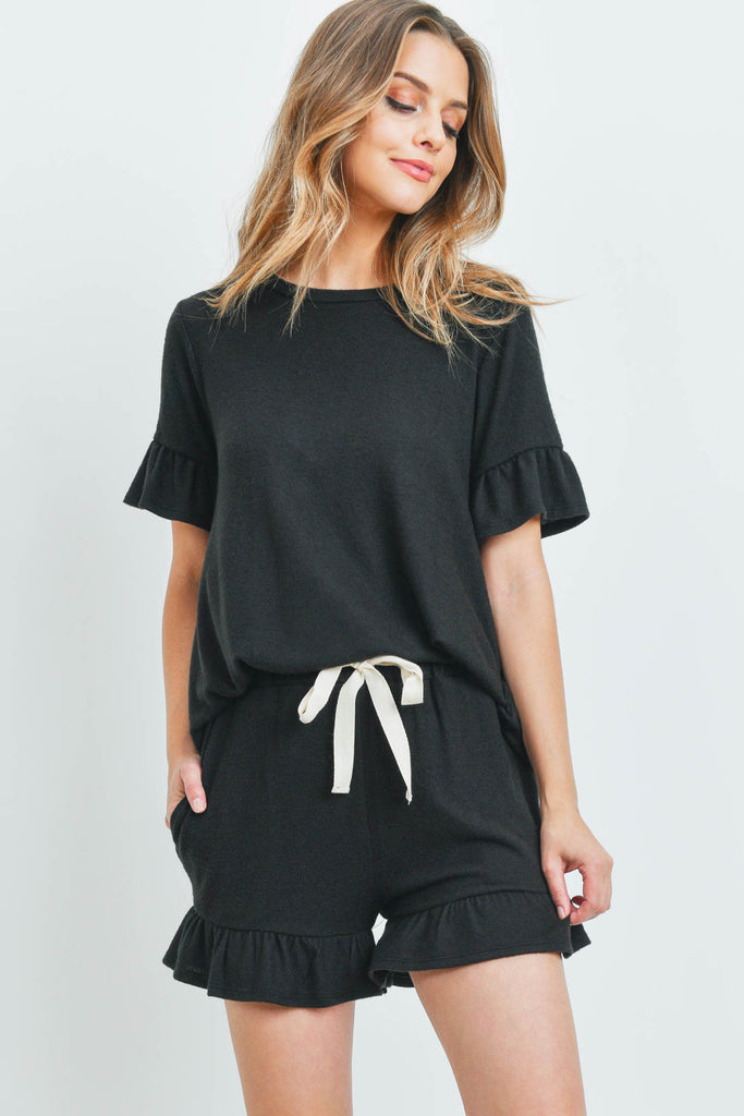 Solid Ruffle Top and Shorts Set With Self Tie