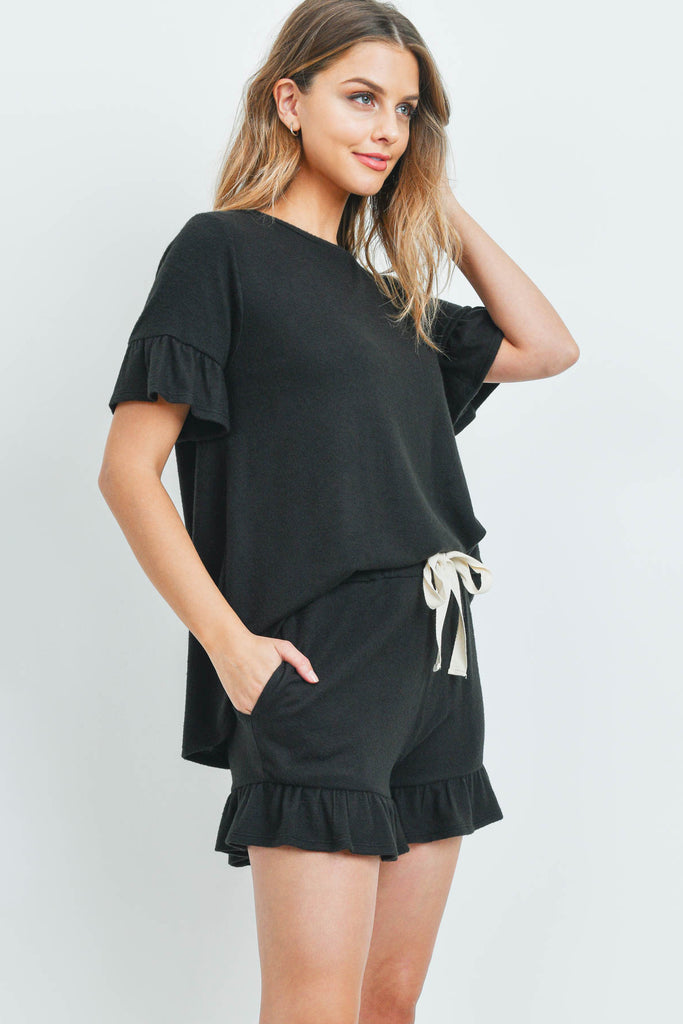 Solid Ruffle Top and Shorts Set With Self Tie
