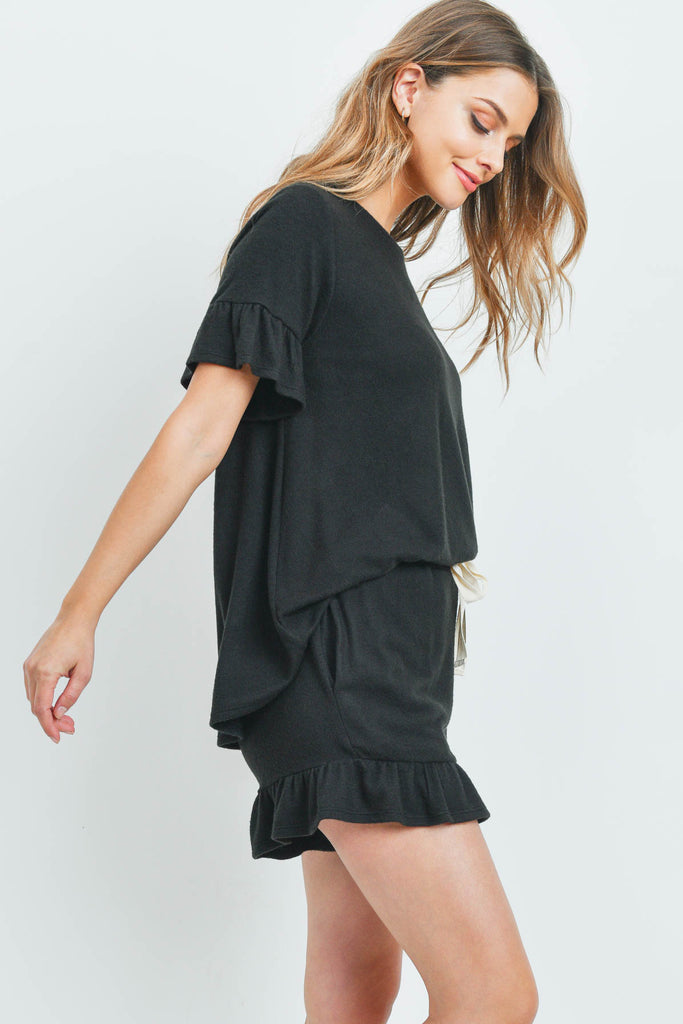 Solid Ruffle Top and Shorts Set With Self Tie