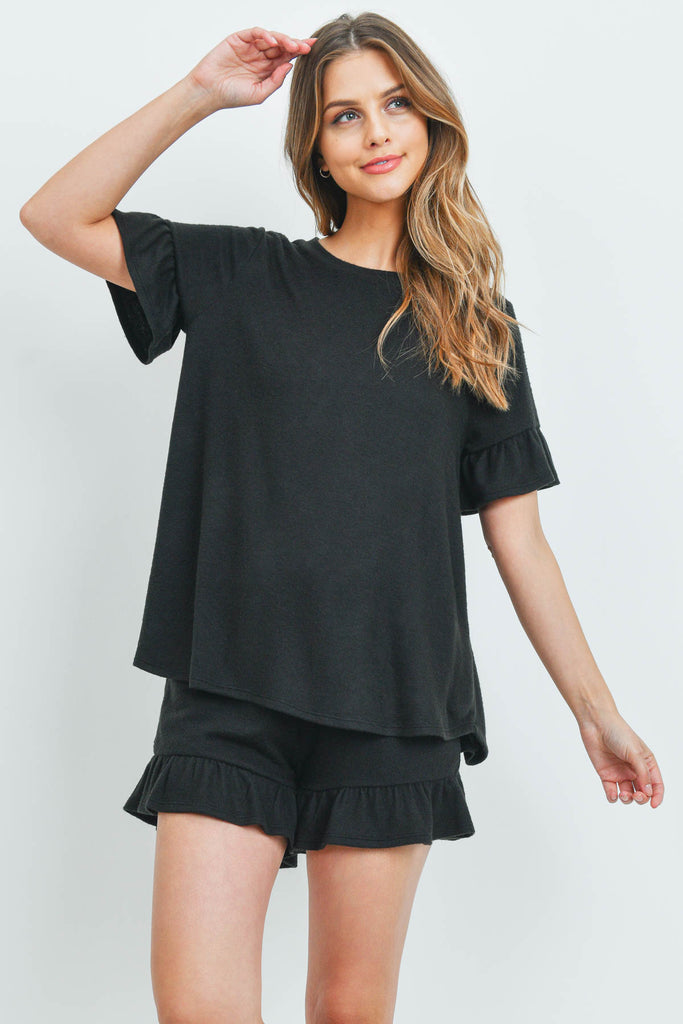 Solid Ruffle Top and Shorts Set With Self Tie