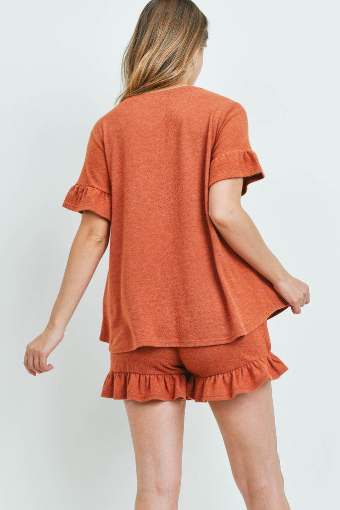 Solid Ruffle Top and Shorts Set With Self Tie