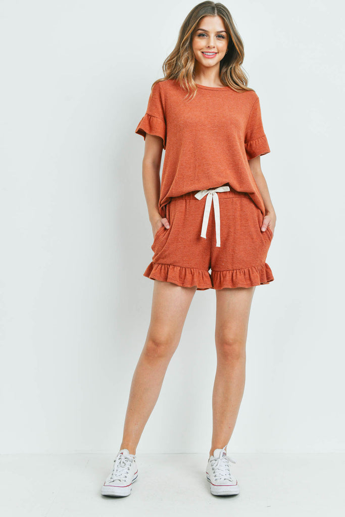 Solid Ruffle Top and Shorts Set With Self Tie