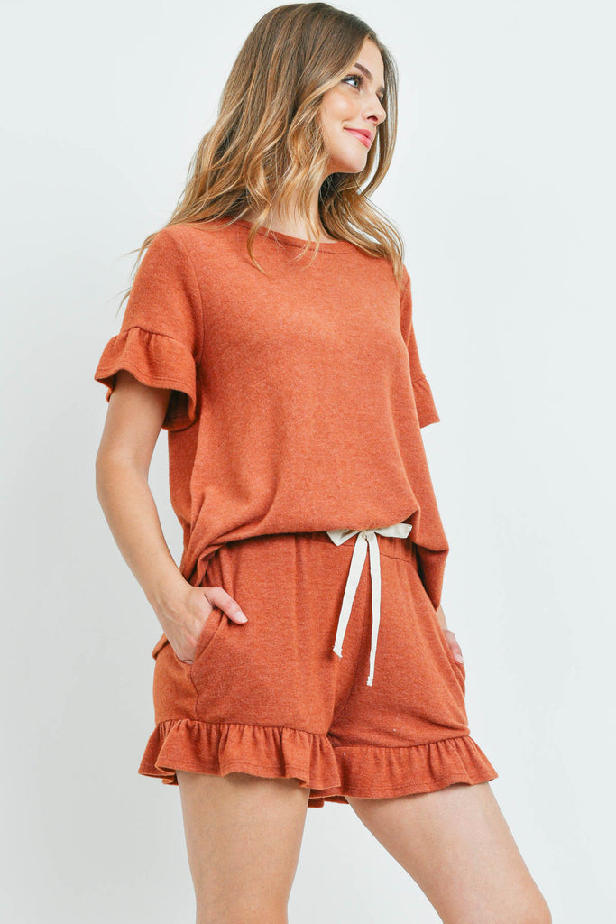 Solid Ruffle Top and Shorts Set With Self Tie
