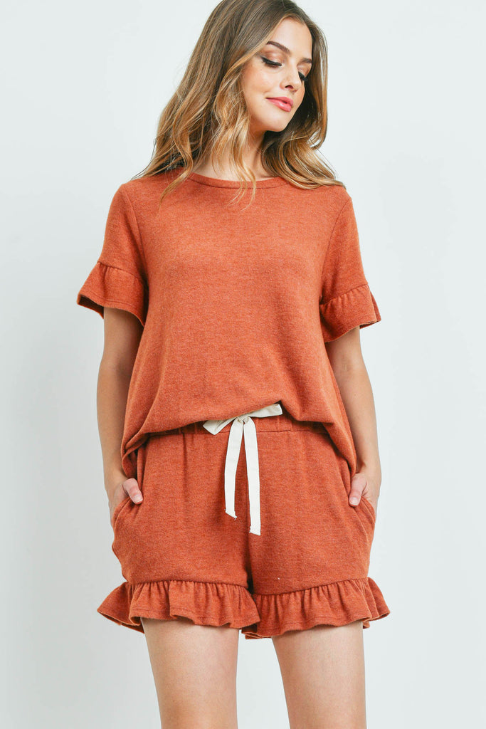 Solid Ruffle Top and Shorts Set With Self Tie