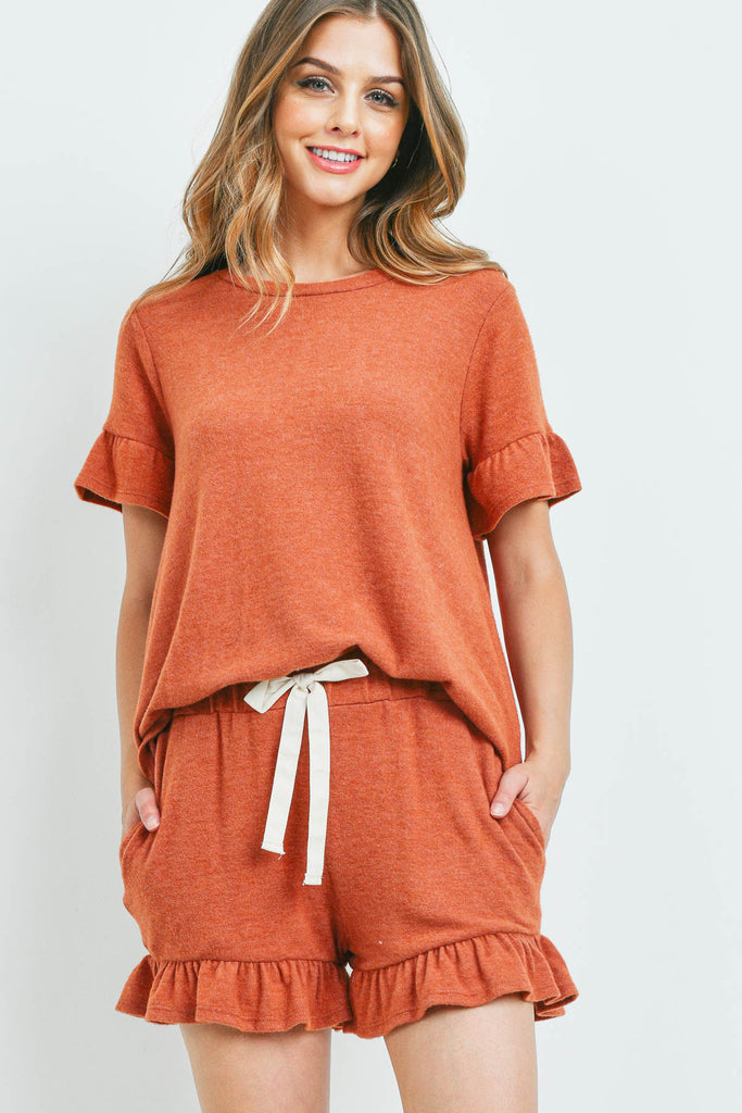 Solid Ruffle Top and Shorts Set With Self Tie