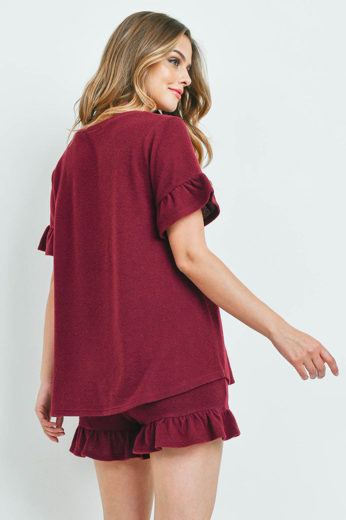 Solid Ruffle Top and Shorts Set With Self Tie