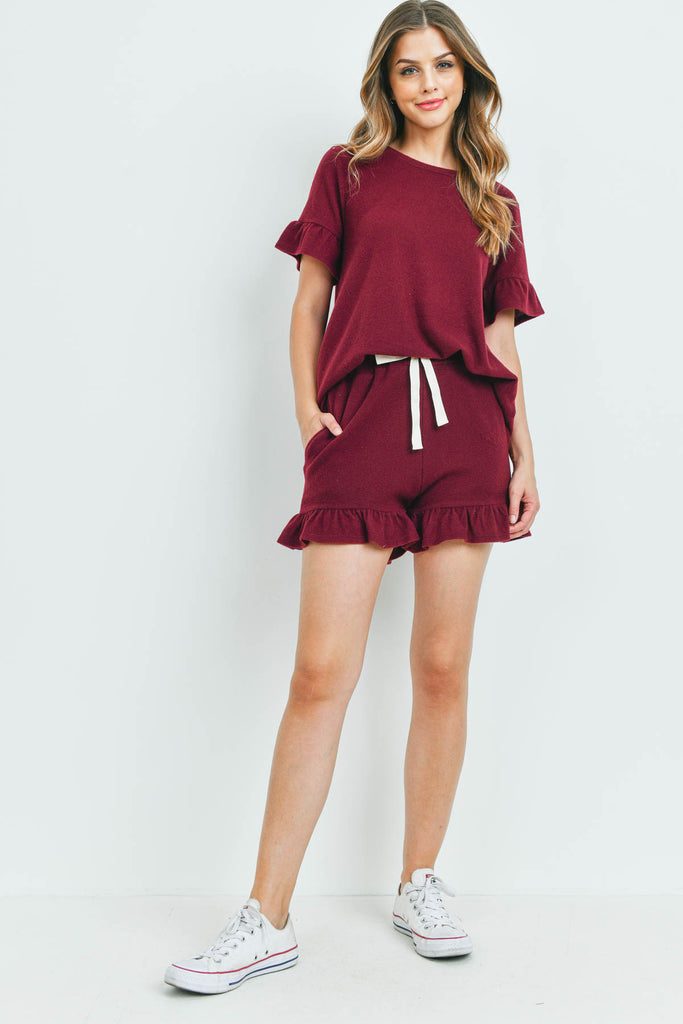 Solid Ruffle Top and Shorts Set With Self Tie