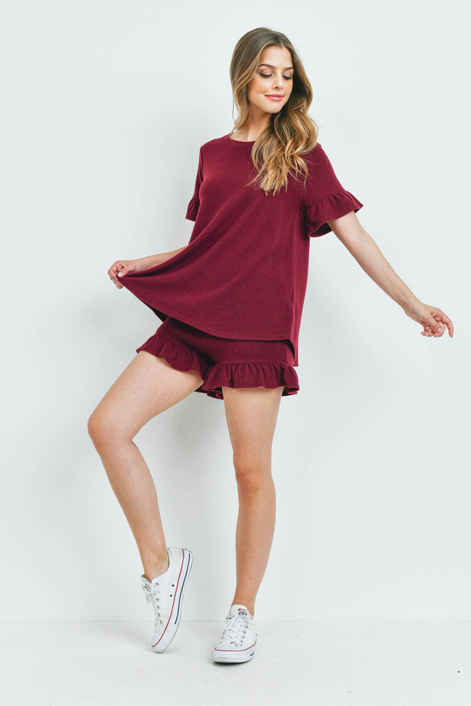 Solid Ruffle Top and Shorts Set With Self Tie