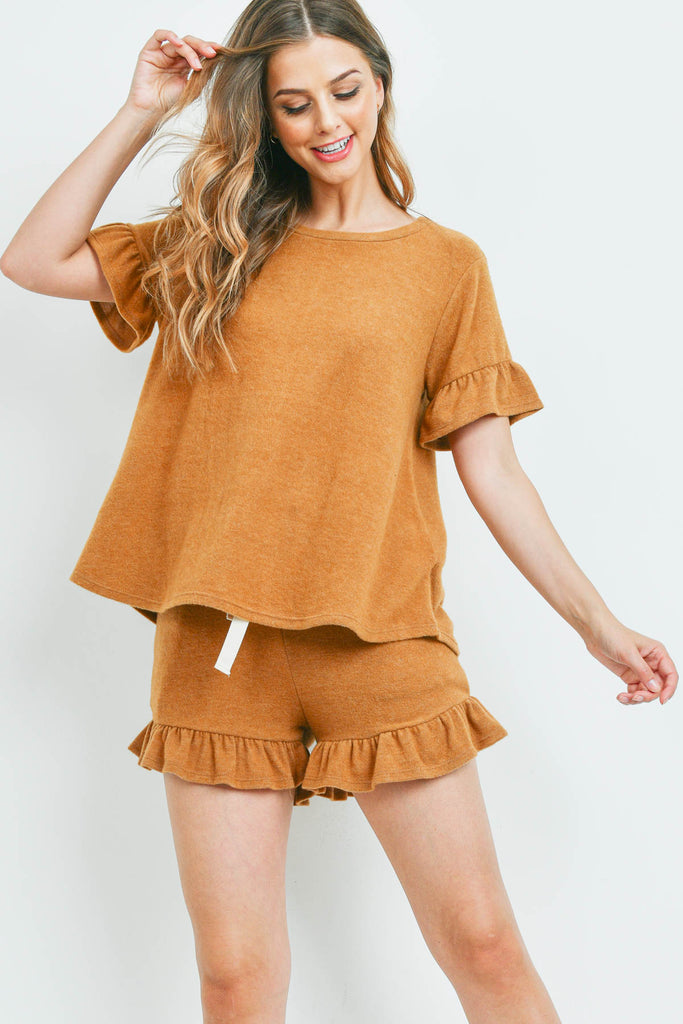 Solid Ruffle Top and Shorts Set With Self Tie