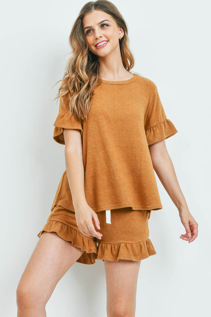 Solid Ruffle Top and Shorts Set With Self Tie