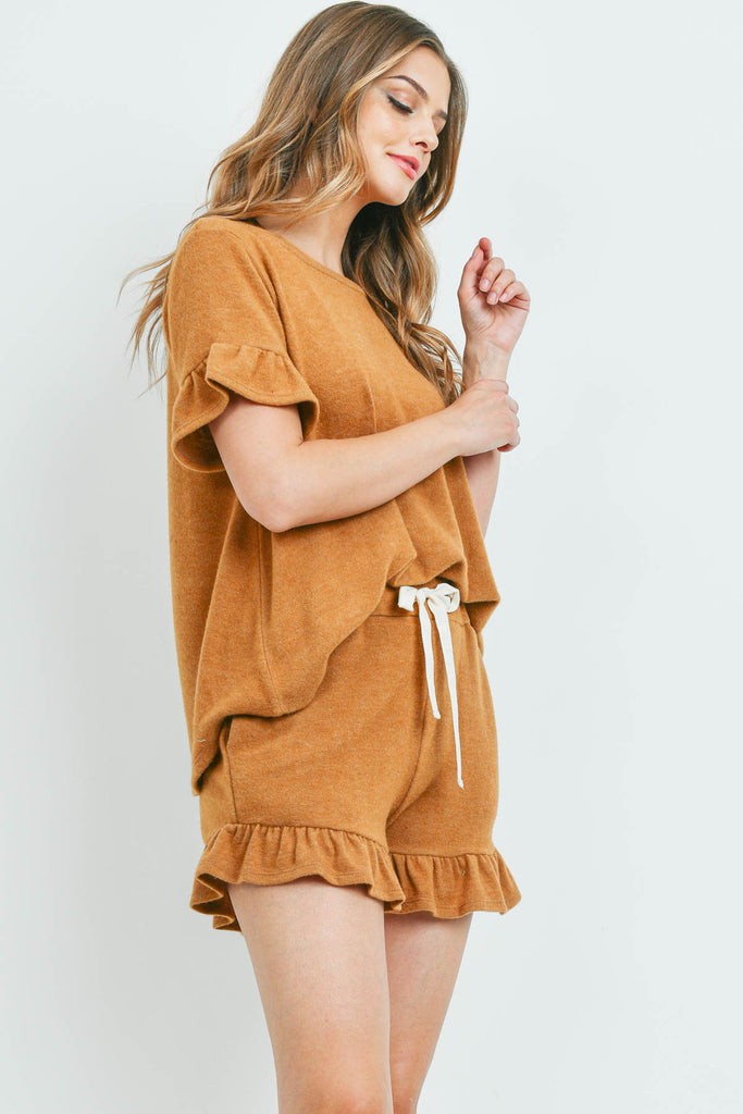 Solid Ruffle Top and Shorts Set With Self Tie