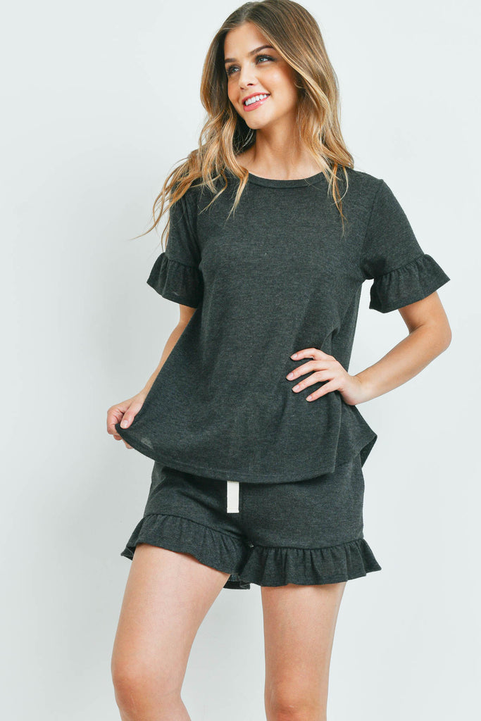 Solid Ruffle Top and Shorts Set With Self Tie