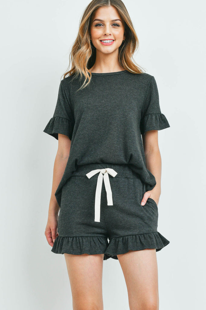 Solid Ruffle Top and Shorts Set With Self Tie