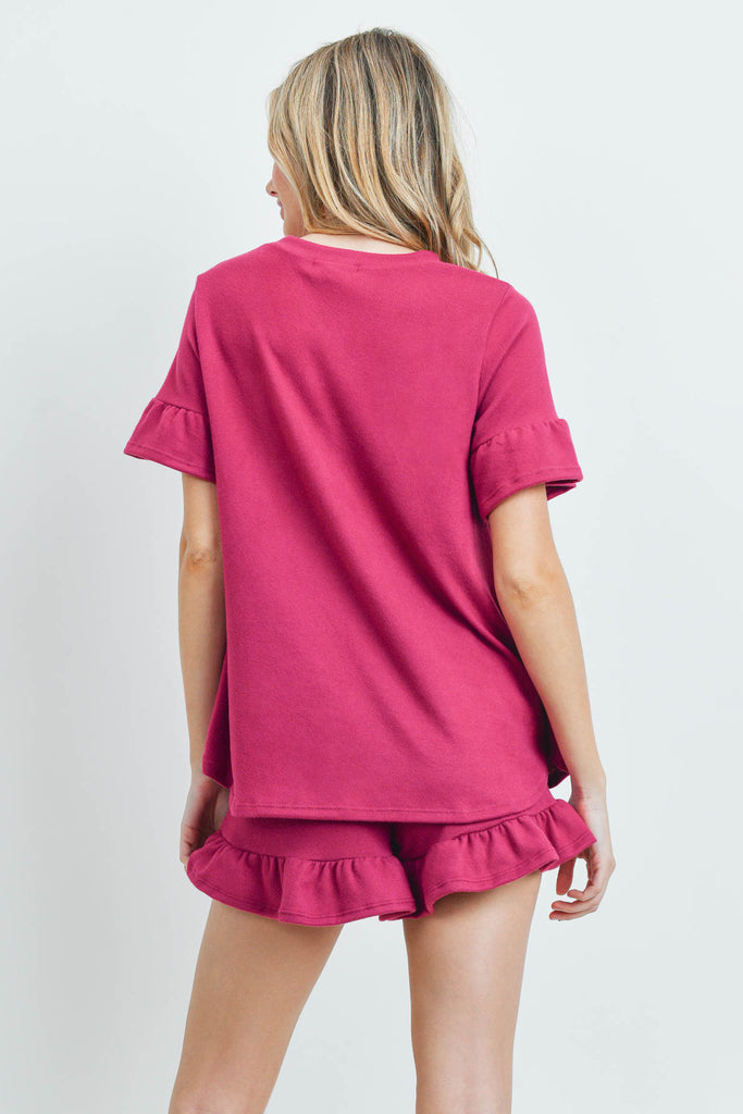 Solid Ruffle Top and Shorts Set With Self Tie
