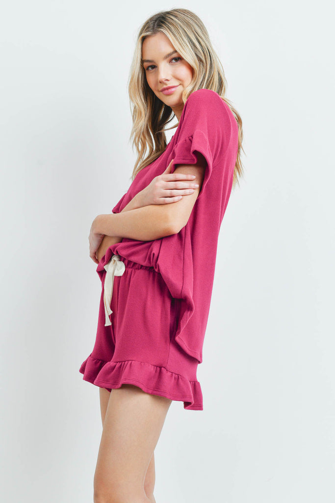 Solid Ruffle Top and Shorts Set With Self Tie