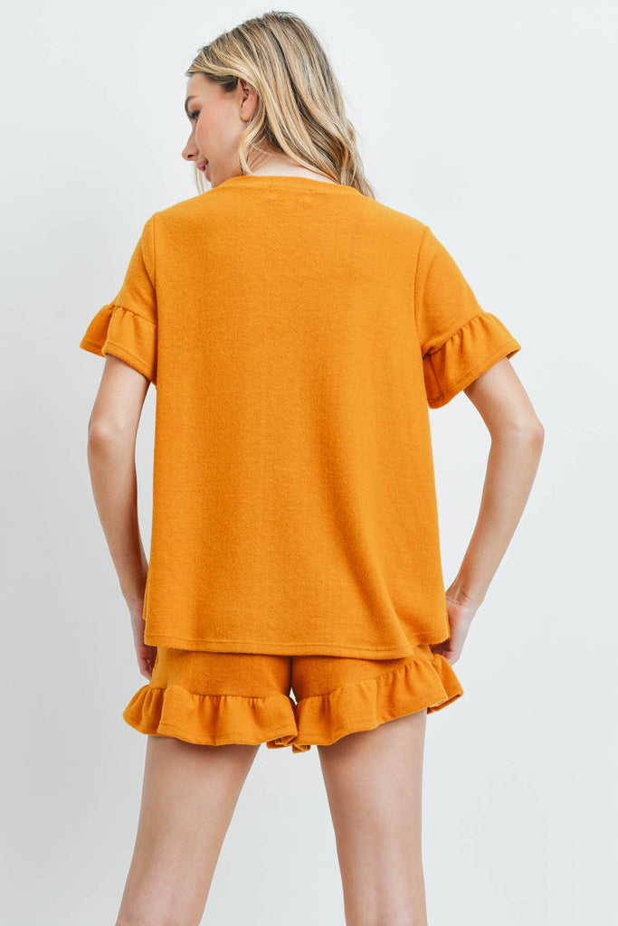 Solid Ruffle Top and Shorts Set With Self Tie