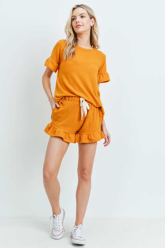 Solid Ruffle Top and Shorts Set With Self Tie