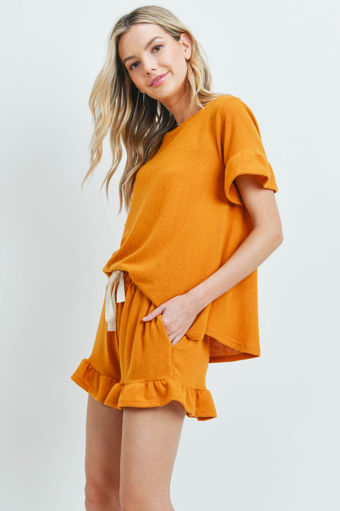 Solid Ruffle Top and Shorts Set With Self Tie