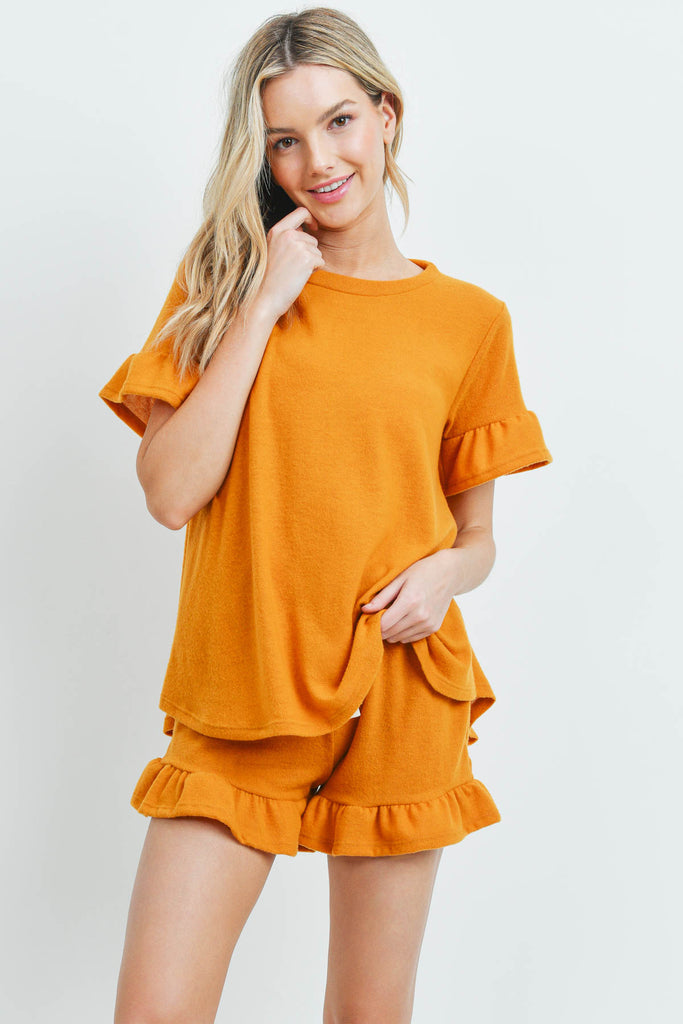 Solid Ruffle Top and Shorts Set With Self Tie